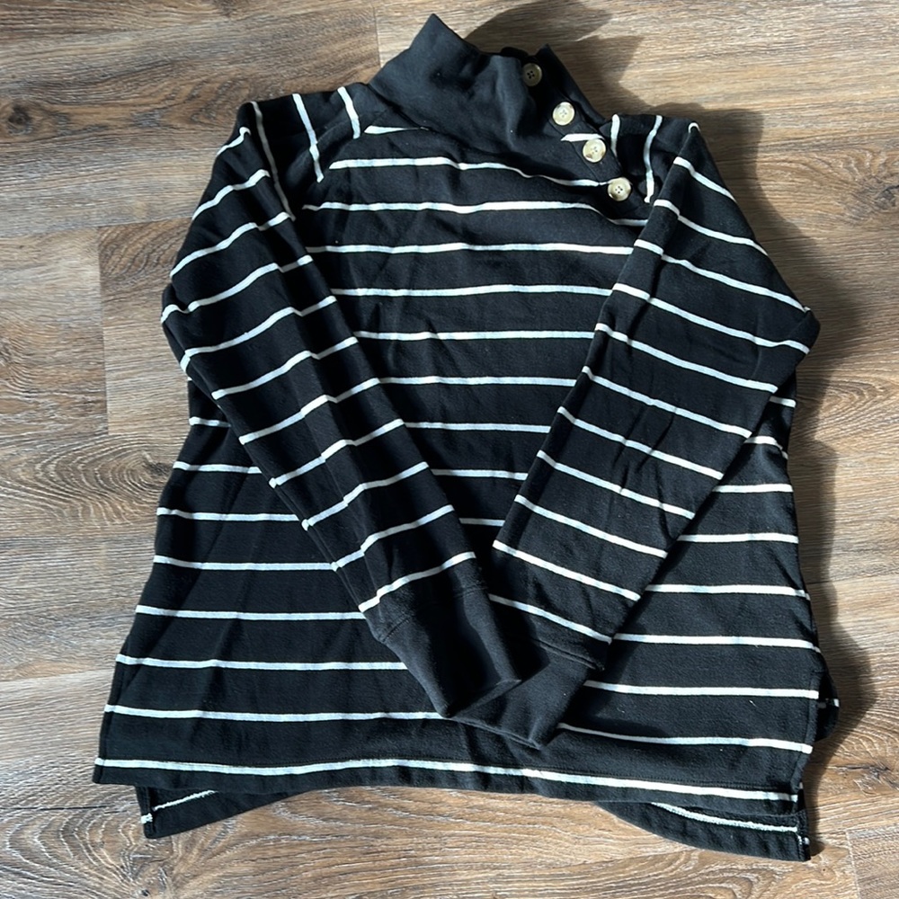 J Crew black with white stripe tunic sweater, high collar